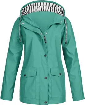 2025 Spring Fashion Womens Raincoat Fit Waterproof Dressy Zip up Rain Jacket Windbreaker with Pockets Hood