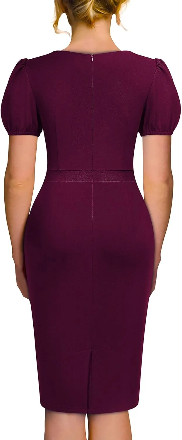 AISIZE Women's V-Neck Elegant Puff Sleeve Cocktail Sheath Party Dress