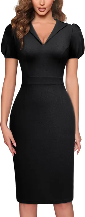 AISIZE Women's V-Neck Elegant Puff Sleeve Cocktail Sheath Party Dress