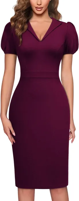 AISIZE Women's V-Neck Elegant Puff Sleeve Cocktail Sheath Party Dress