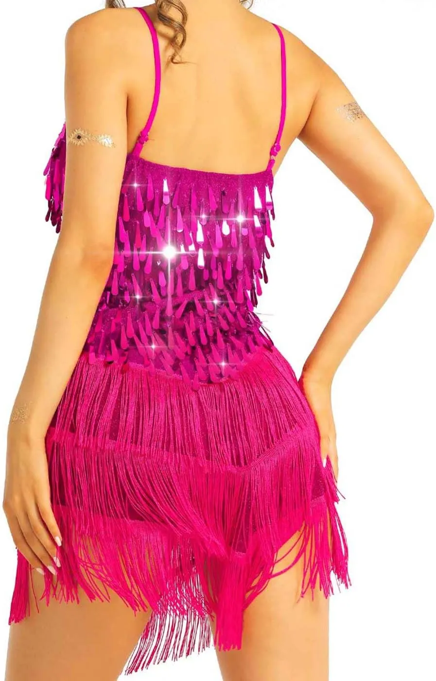 Aukmla Women Sparkly Sequin Fringe Mini Dress Sleeveless Latin Dance Tassel Dresses