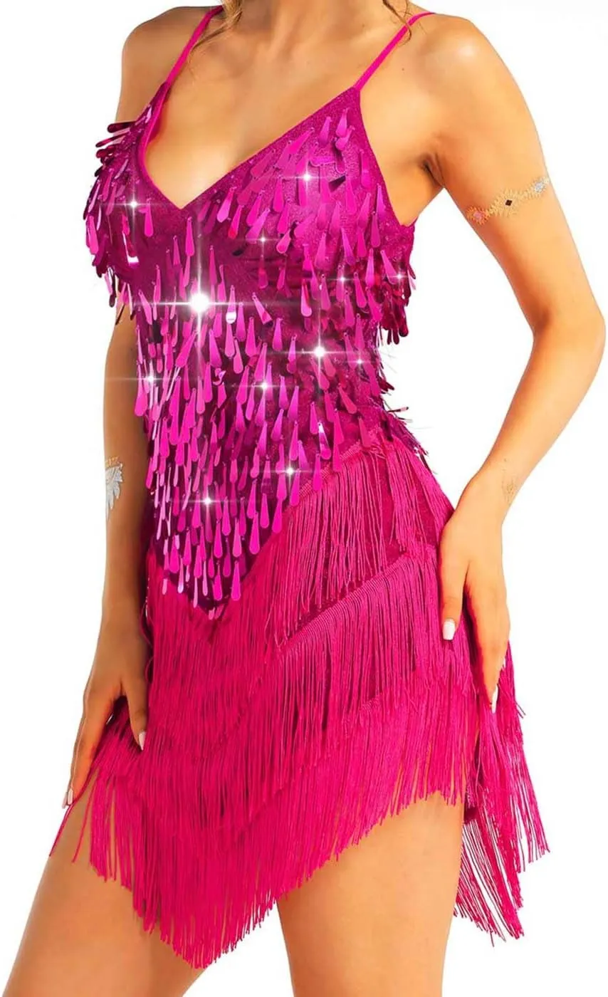 Aukmla Women Sparkly Sequin Fringe Mini Dress Sleeveless Latin Dance Tassel Dresses