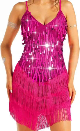 Aukmla Women Sparkly Sequin Fringe Mini Dress Sleeveless Latin Dance Tassel Dresses