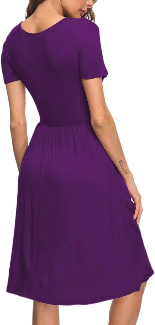 AUSELILY Women's Short Sleeve Empire Waist Dress Pleated Loose Swing Knee Length Dresses with Pockets 2025 New