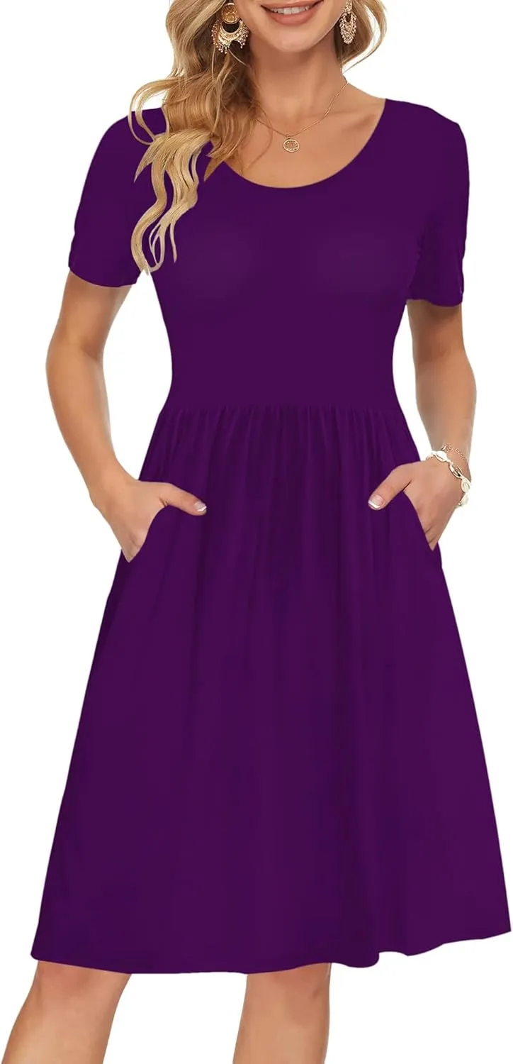 AUSELILY Women's Short Sleeve Empire Waist Dress Pleated Loose Swing Knee Length Dresses with Pockets 2025 New