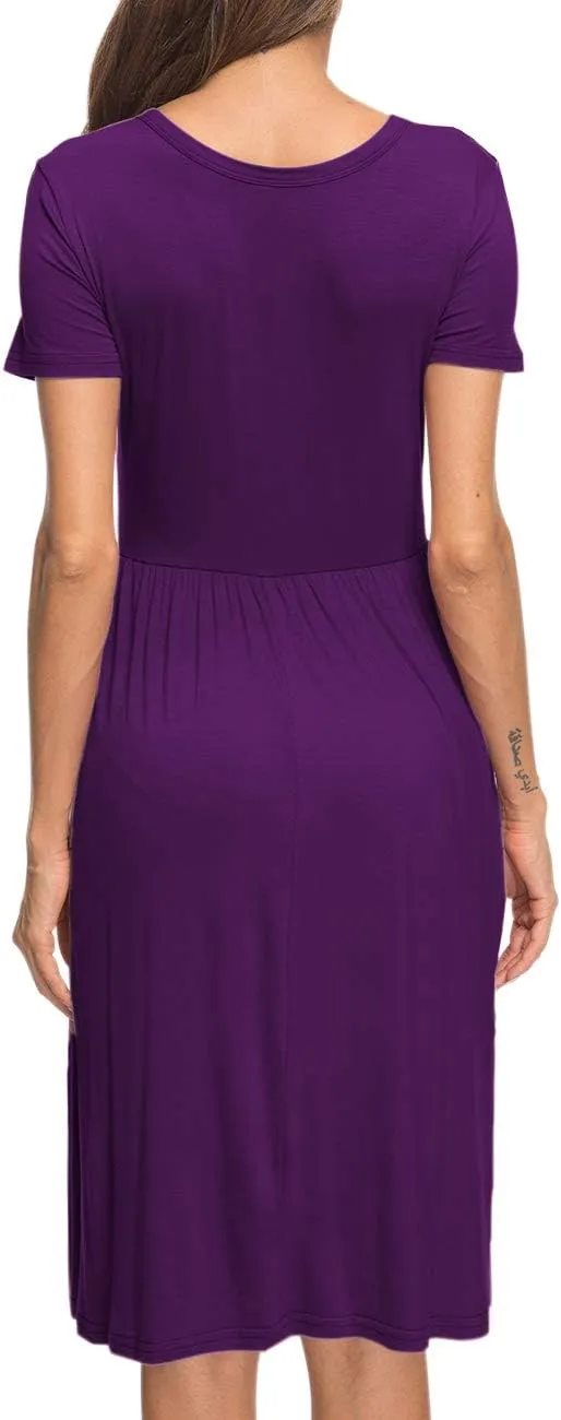 AUSELILY Women's Short Sleeve Empire Waist Dress Pleated Loose Swing Knee Length Dresses with Pockets 2025 New