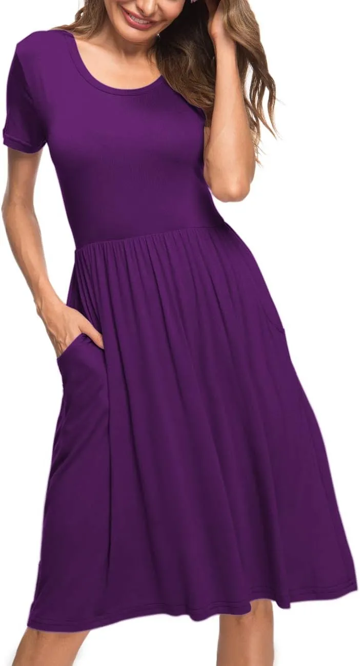 AUSELILY Women's Short Sleeve Empire Waist Dress Pleated Loose Swing Knee Length Dresses with Pockets 2025 New