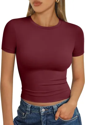 AUTOMET Womens Short Sleeve T Shirts Basic Summer 2025 Workout Tops Crew Neck Gym Crop Tops Trendy Y2K Clothes