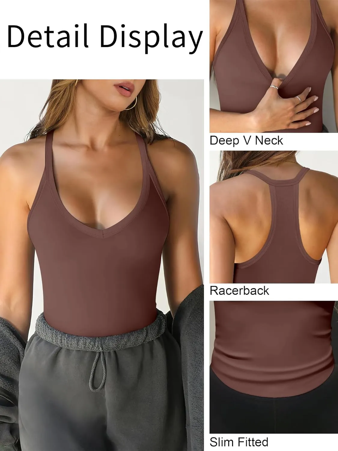 Caracilia Women Racerback Tank Tops 2025 Summer Sleeveless V Neck Camisole Slim Fit Basic Camis Workout Clothes