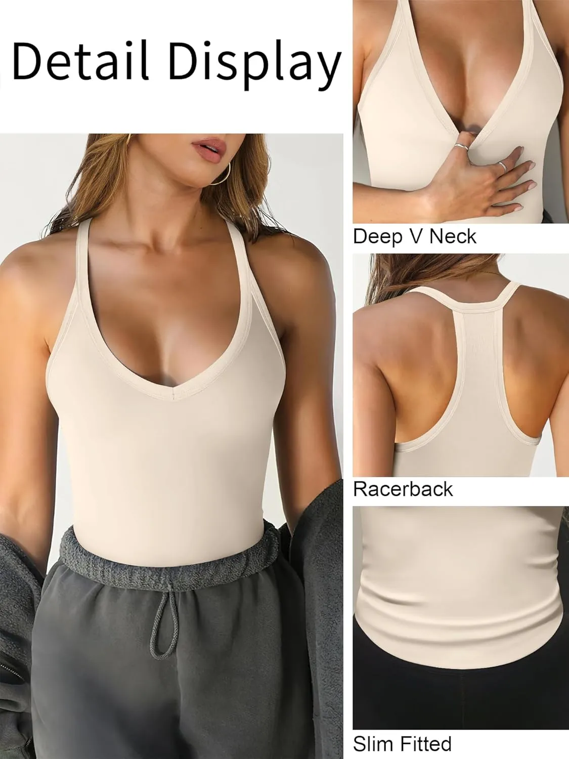 Caracilia Women Racerback Tank Tops 2025 Summer Sleeveless V Neck Camisole Slim Fit Basic Camis Workout Clothes