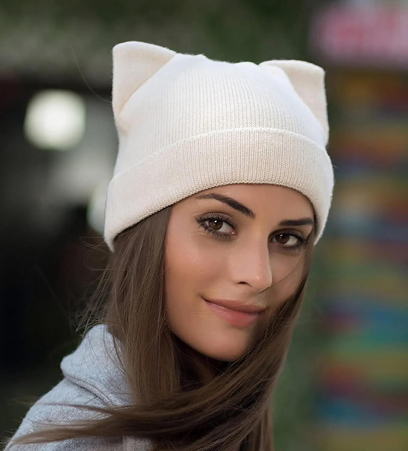 Cat Ear Beanie for Women Girls, Autumn Winter Knit Cuff Beanie Hip Hop Beanie Hat Cat Crochet Ski Cap