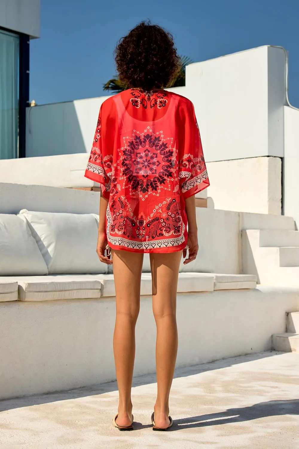 Chunoy Women Chiffon Kimono Cardigan Short Sleeve Open Front Tops Beach Wear Cover Up