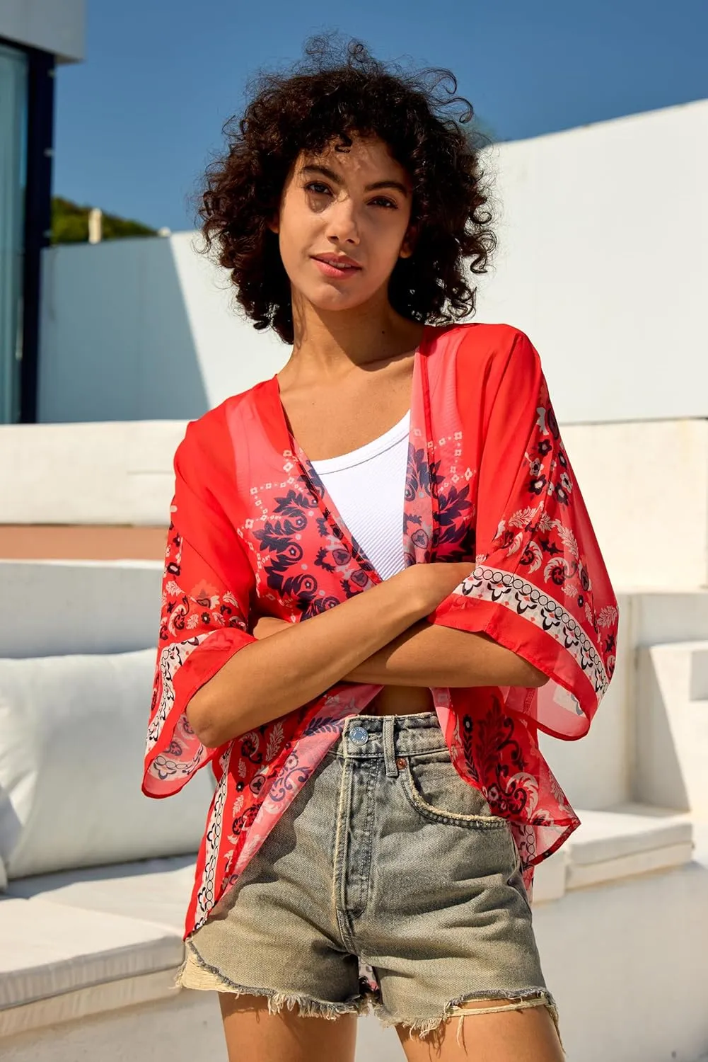 Chunoy Women Chiffon Kimono Cardigan Short Sleeve Open Front Tops Beach Wear Cover Up