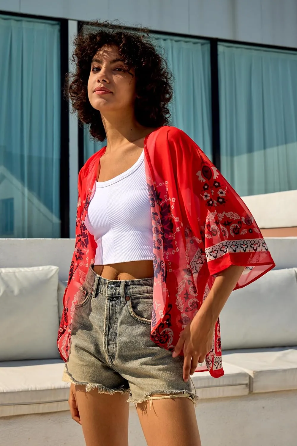 Chunoy Women Chiffon Kimono Cardigan Short Sleeve Open Front Tops Beach Wear Cover Up