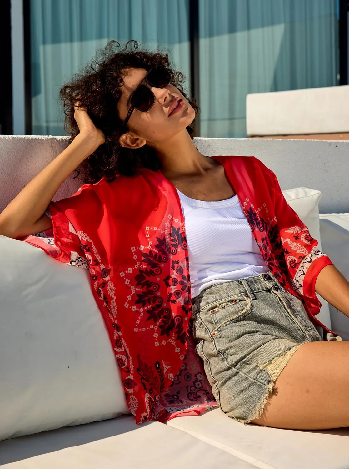Chunoy Women Chiffon Kimono Cardigan Short Sleeve Open Front Tops Beach Wear Cover Up