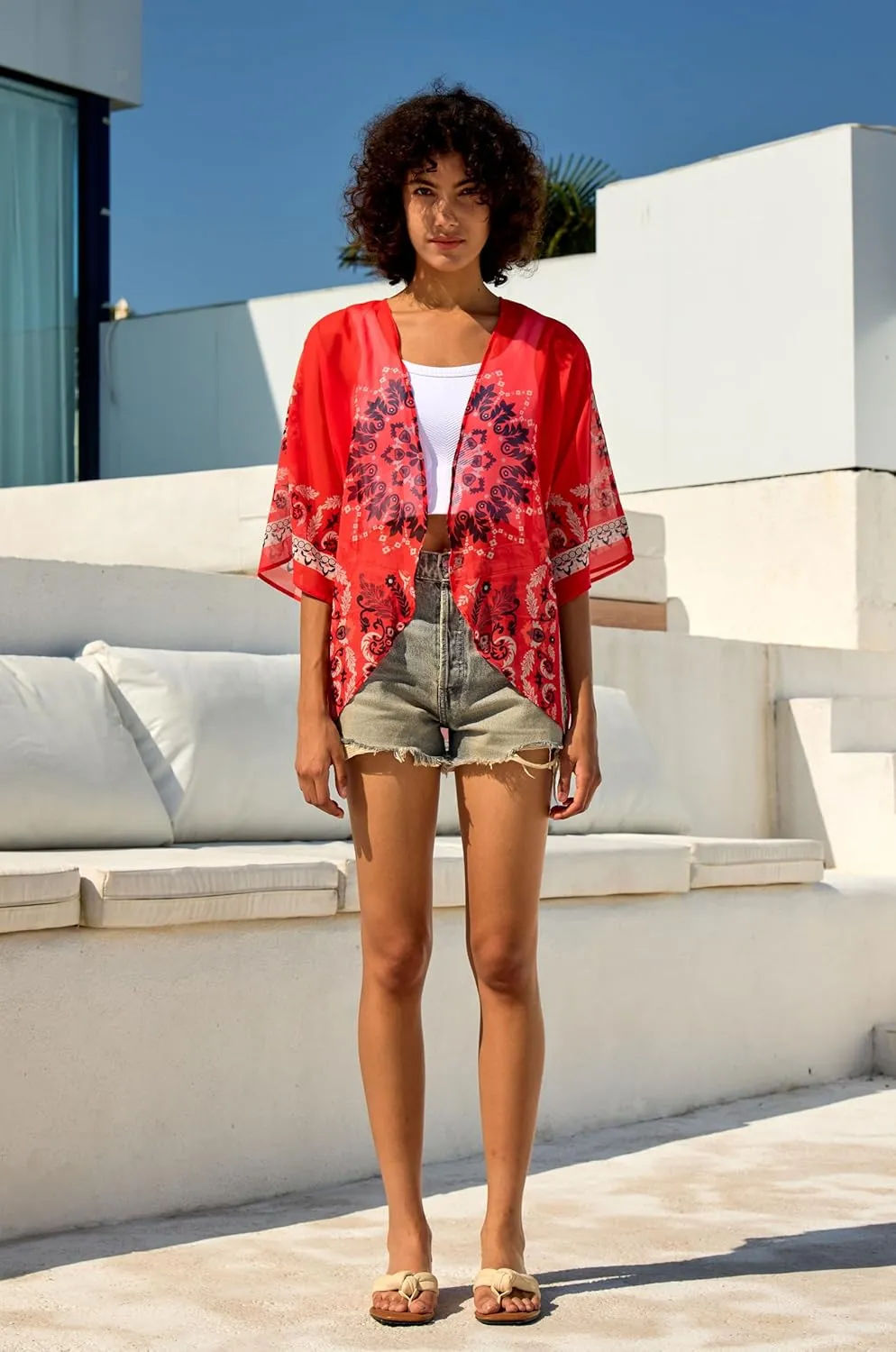 Chunoy Women Chiffon Kimono Cardigan Short Sleeve Open Front Tops Beach Wear Cover Up