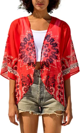 Chunoy Women Chiffon Kimono Cardigan Short Sleeve Open Front Tops Beach Wear Cover Up