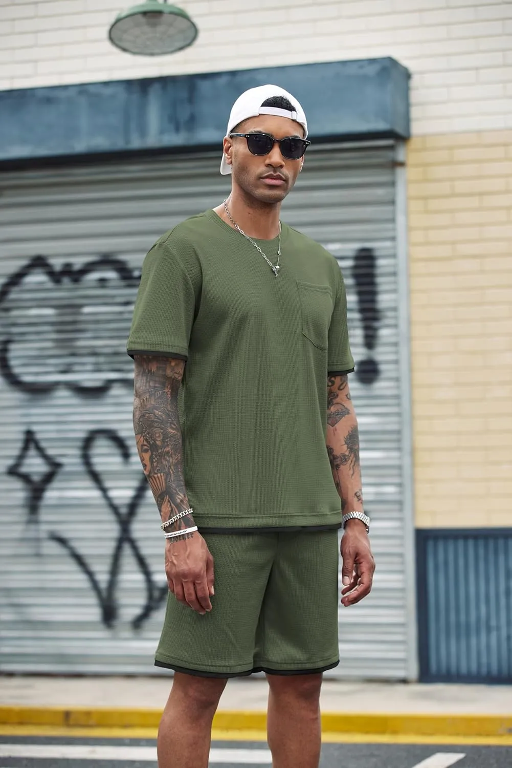COOFANDY Men's Waffle Shirt and Shorts Set 2 Piece Outfits Casual Summer Tracksuits Set with Pockets