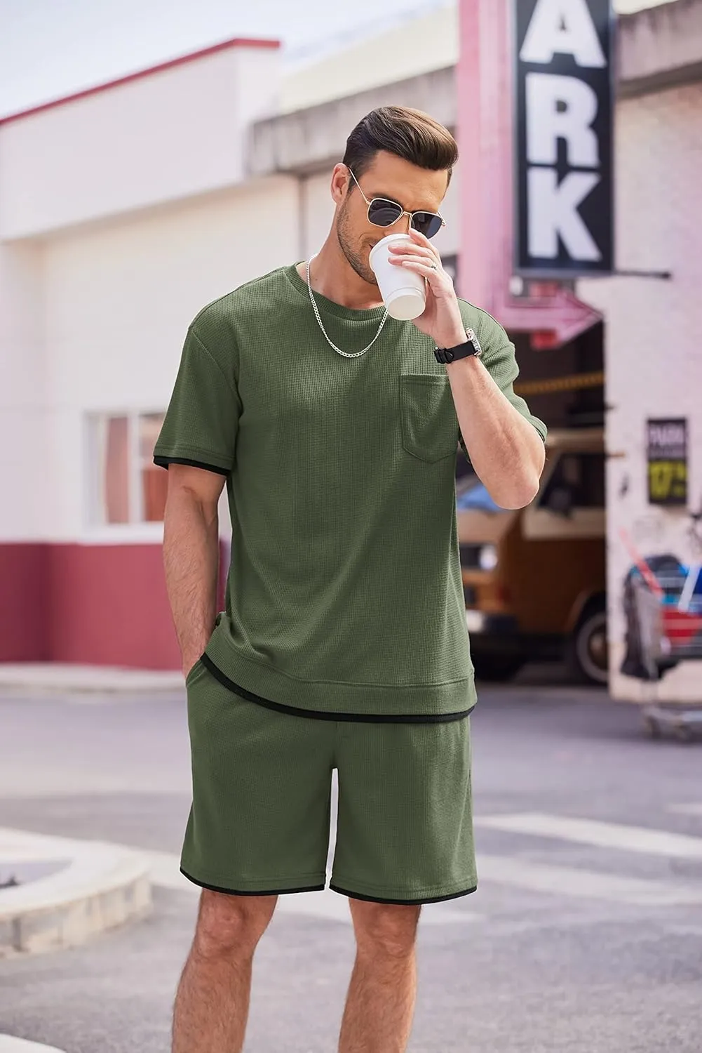 COOFANDY Men's Waffle Shirt and Shorts Set 2 Piece Outfits Casual Summer Tracksuits Set with Pockets