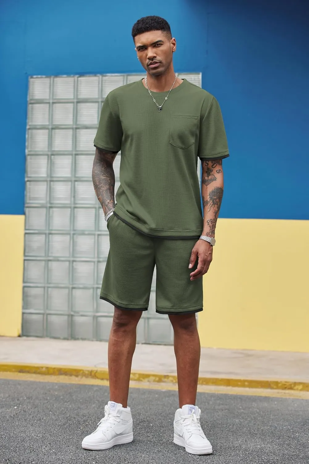 COOFANDY Men's Waffle Shirt and Shorts Set 2 Piece Outfits Casual Summer Tracksuits Set with Pockets