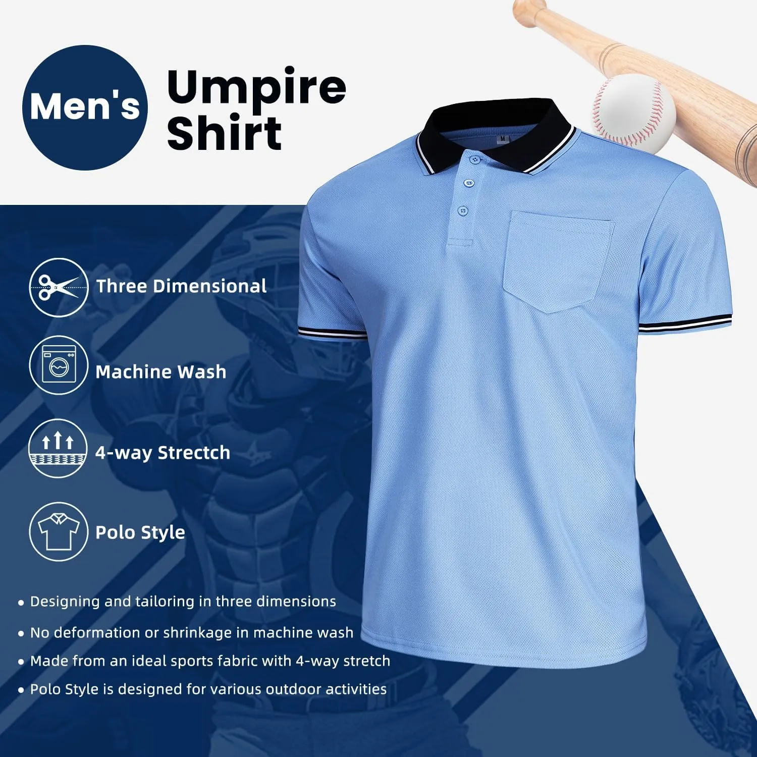 CUTIEHON Men's Baseball Umpire Shirt, Short Sleeve referee Jersey Shirts Sized for umpire chest protector