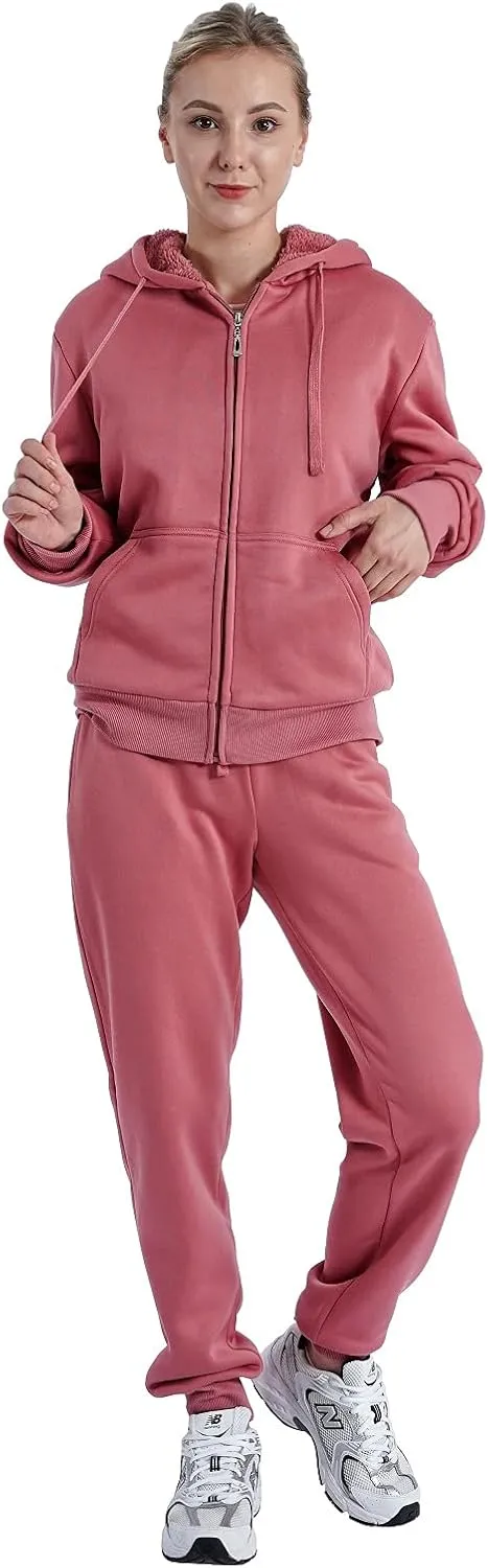 Facitisu Women 2 Piece Outfits Fleece Sweatsuits Tracksuits Lounge Pullover Hoodie Sets with Pockets