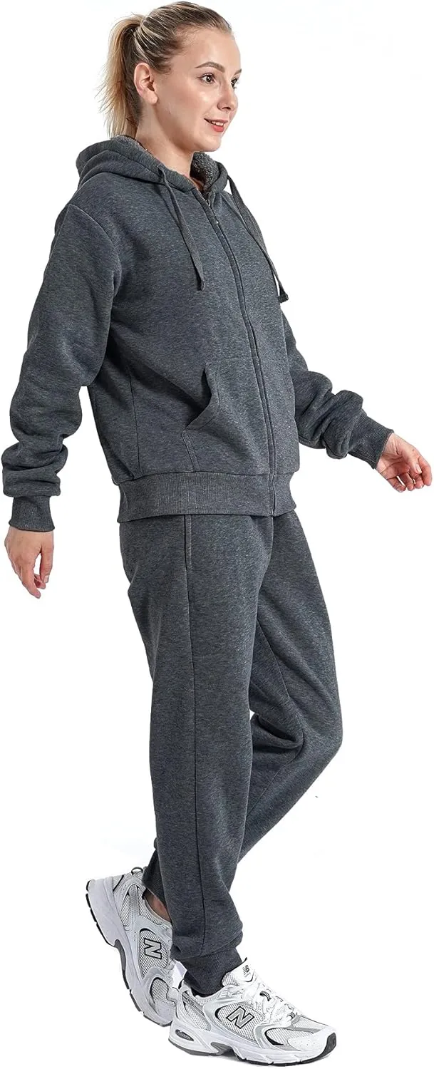 Facitisu Women 2 Piece Outfits Fleece Sweatsuits Tracksuits Lounge Pullover Hoodie Sets with Pockets