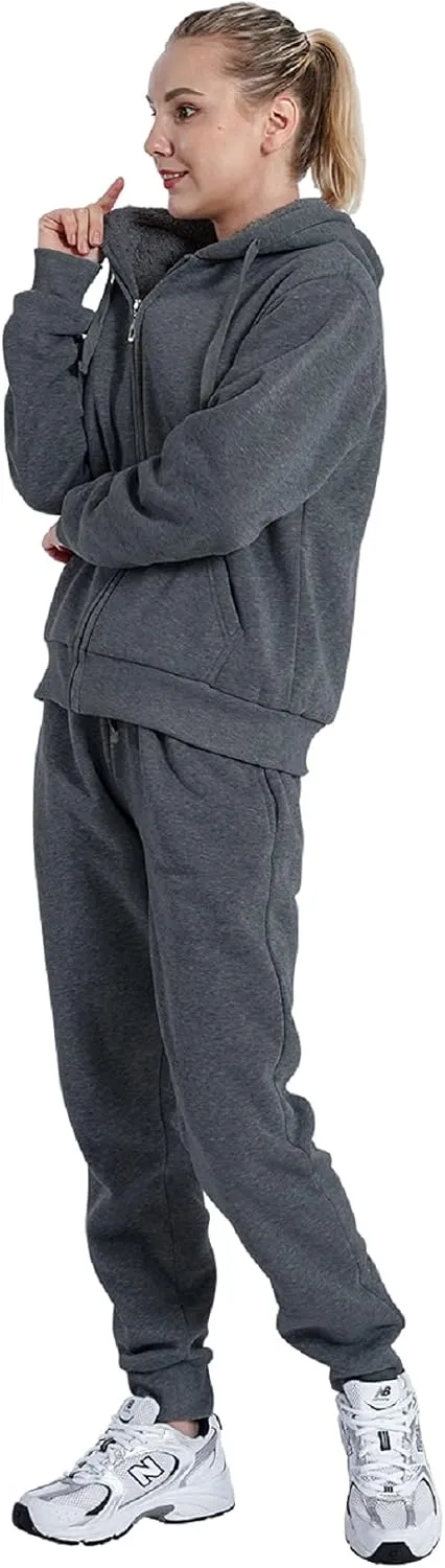 Facitisu Women 2 Piece Outfits Fleece Sweatsuits Tracksuits Lounge Pullover Hoodie Sets with Pockets