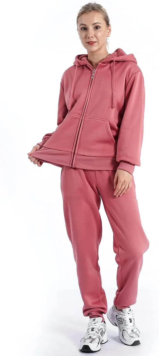 Facitisu Women 2 Piece Outfits Fleece Sweatsuits Tracksuits Lounge Pullover Hoodie Sets with Pockets