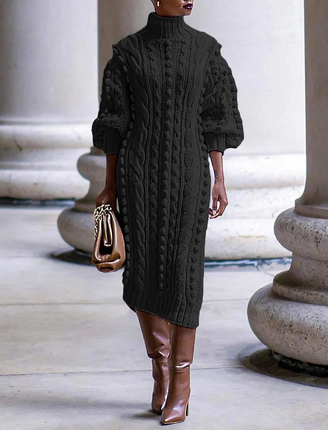 JYAOVO Women's 2023 Lantern Sleeve Turtleneck Chunky Knit Pom Pom High Split Bodycon Sweater Dress Sexy Midi Dress