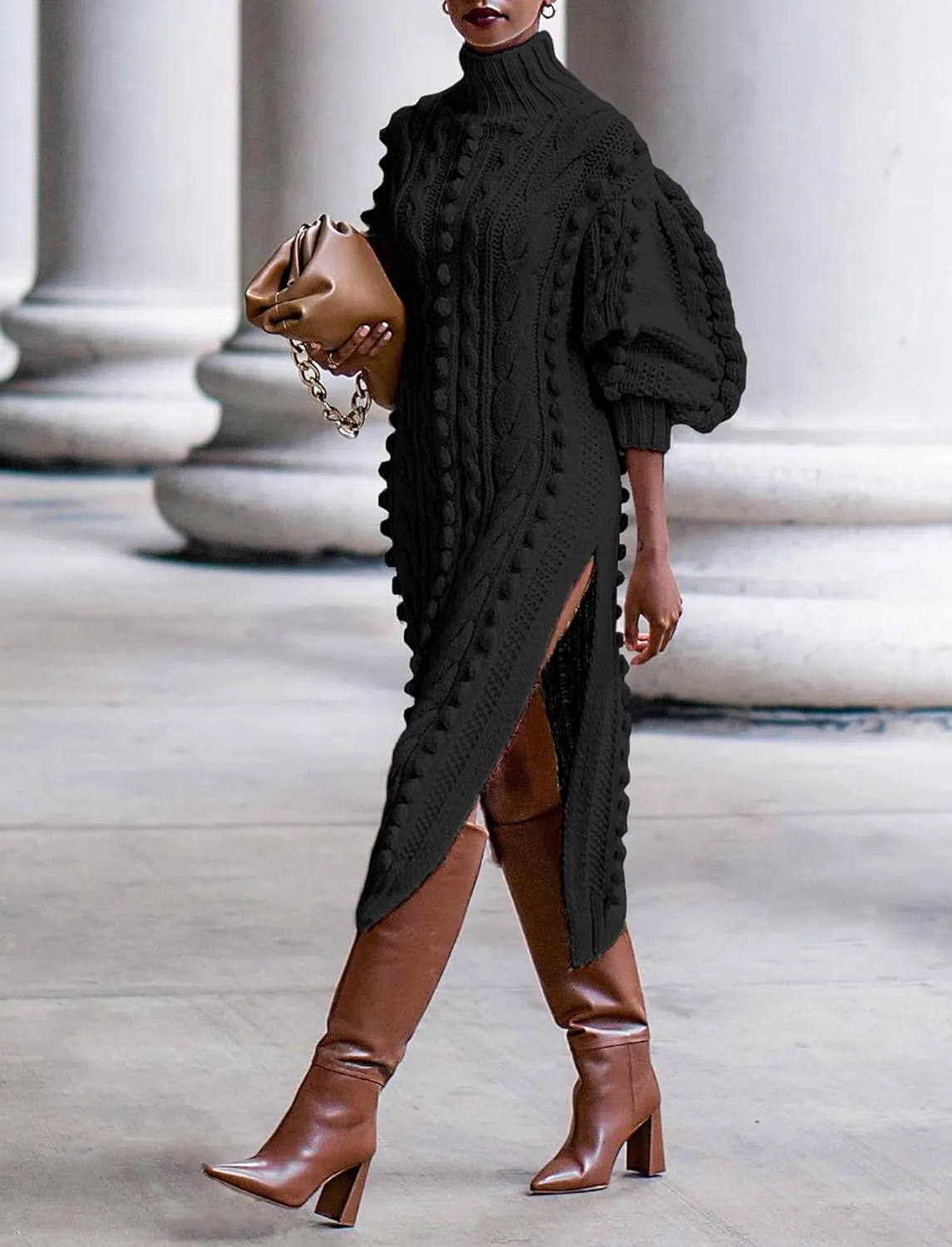 JYAOVO Women's 2023 Lantern Sleeve Turtleneck Chunky Knit Pom Pom High Split Bodycon Sweater Dress Sexy Midi Dress