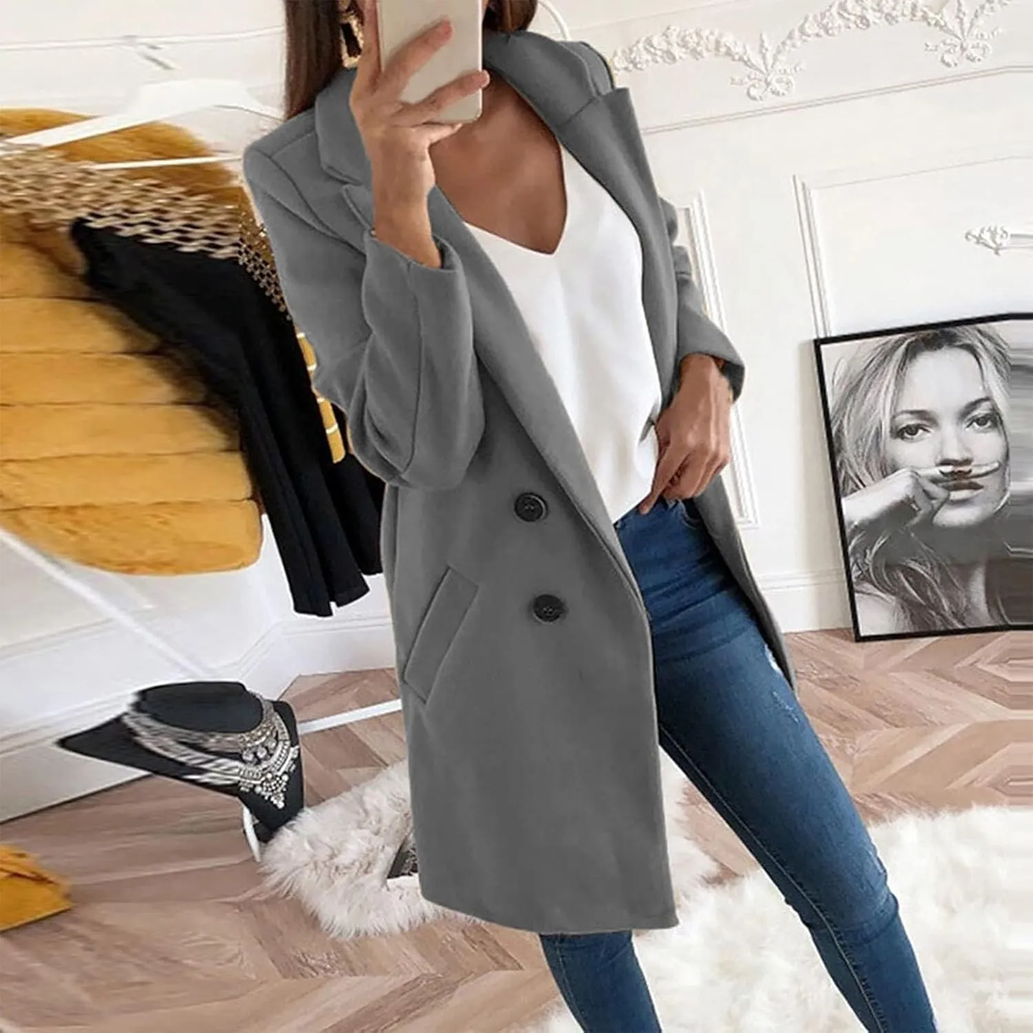 Long Winter Coats for Women Double Breasted Blazer Camel Pea Trench Coats Lapel Workout Jacket Womens Fall Fashion