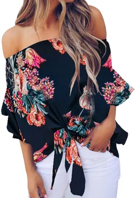 LuckyMore Off The Shoulder Tops Women Summer 3/4 Bell Sleeve Tie Knot Boho Shirt Blouses