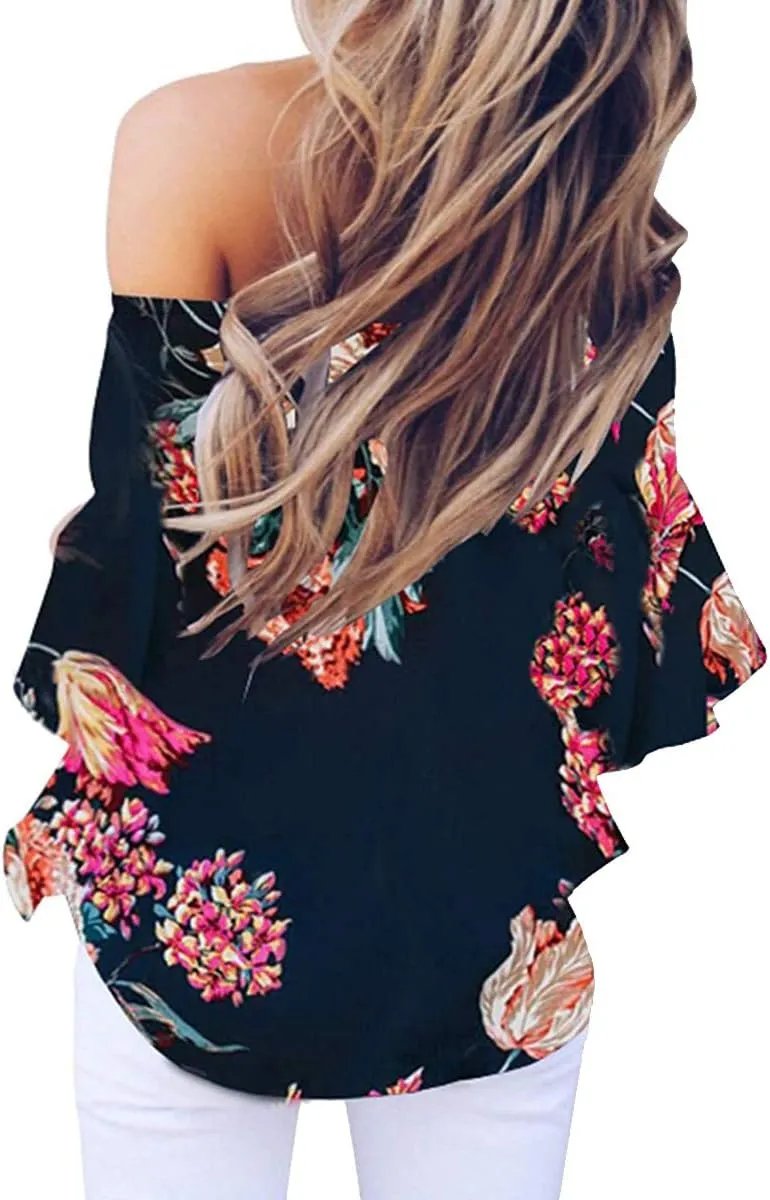 LuckyMore Off The Shoulder Tops Women Summer 3/4 Bell Sleeve Tie Knot Boho Shirt Blouses