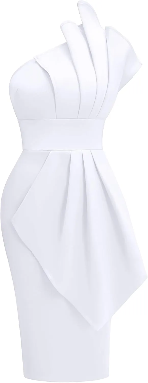 Memoriesea Women's Elegant One Shoulder Pleated Detail Bodycon Party Club Midi Dress