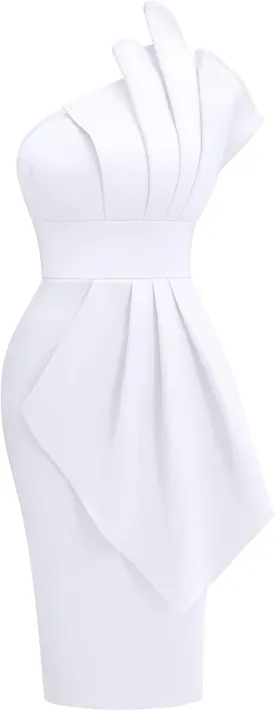 Memoriesea Women's Elegant One Shoulder Pleated Detail Bodycon Party Club Midi Dress