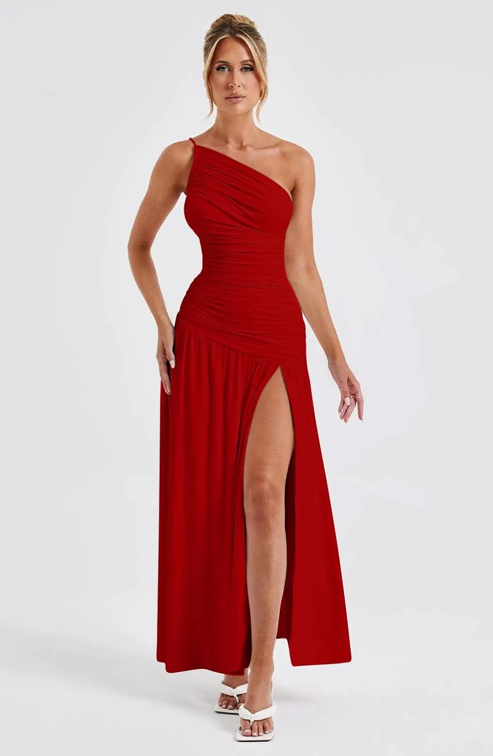Memoriesea Women's Sexy One Shoulder High Split Ruched Cocktail Party Formal Maxi Dress