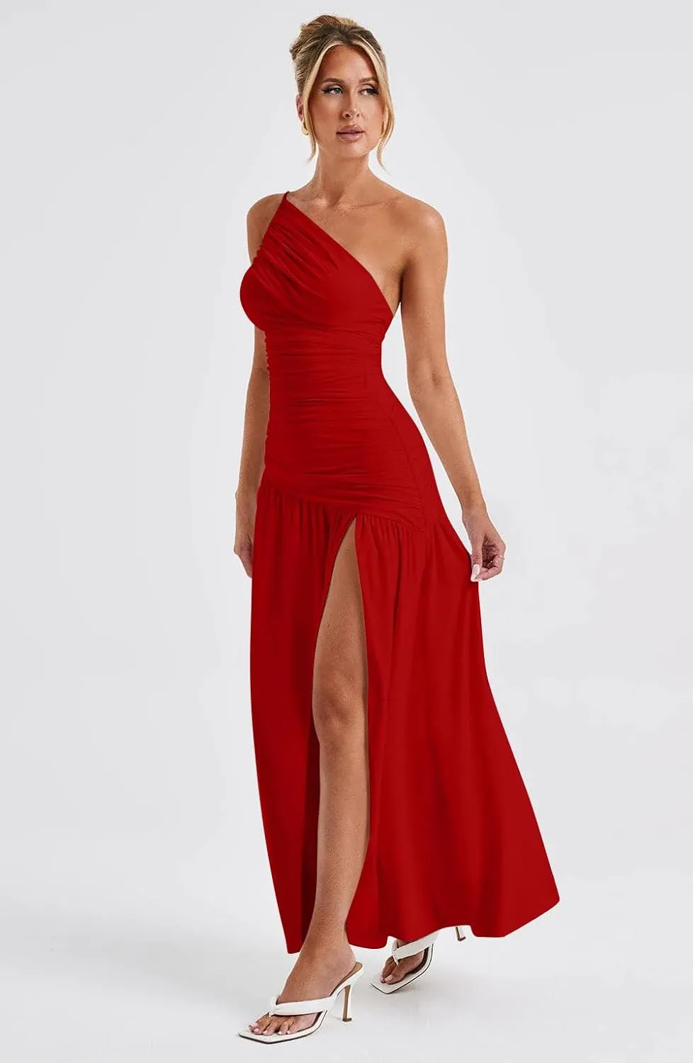 Memoriesea Women's Sexy One Shoulder High Split Ruched Cocktail Party Formal Maxi Dress