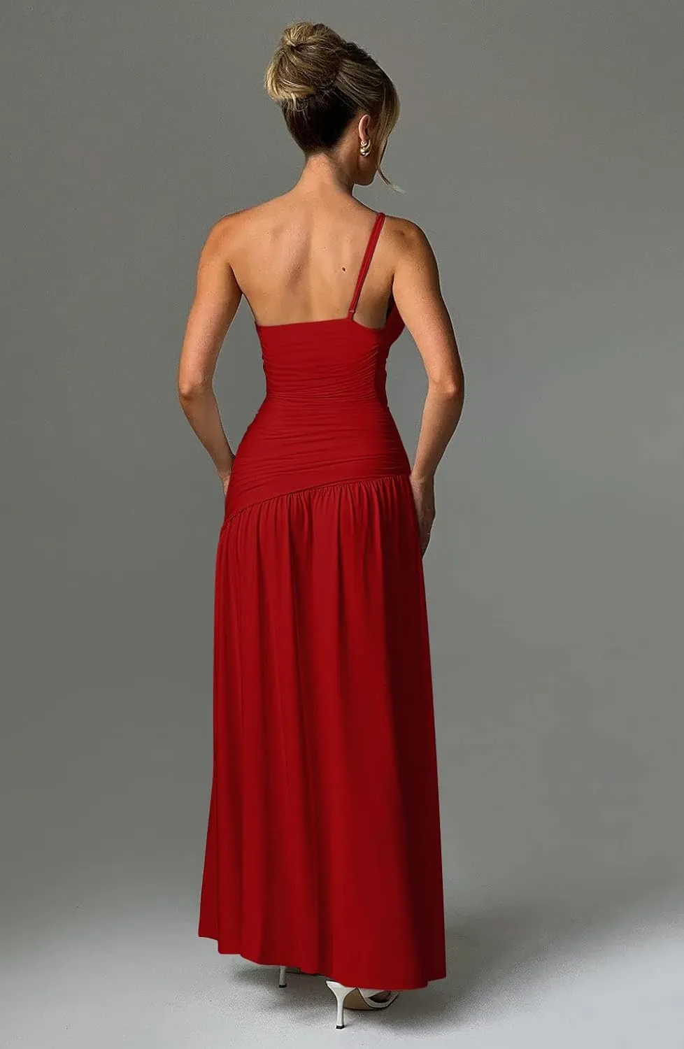 Memoriesea Women's Sexy One Shoulder High Split Ruched Cocktail Party Formal Maxi Dress