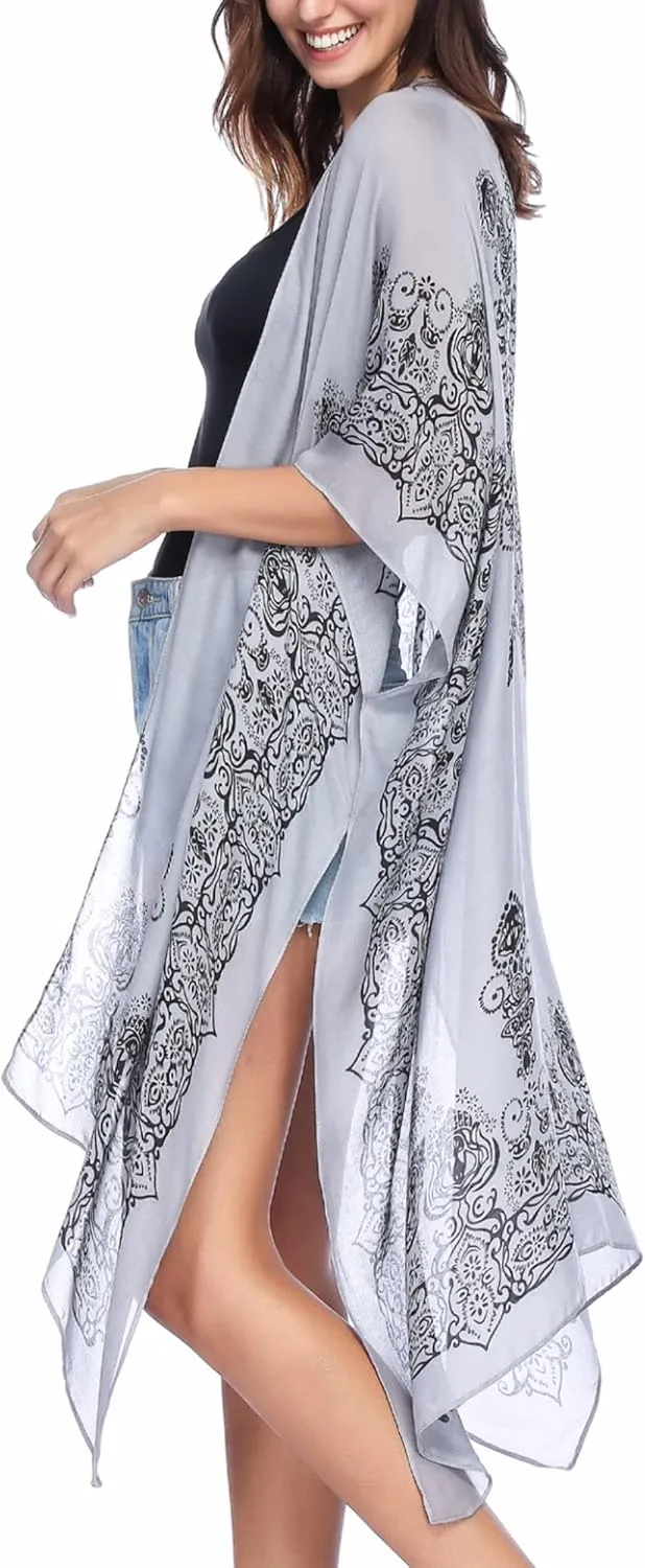 Moss Rose Women's Beach Cover up Swimsuit Kimono with Bohemian Floral Print, Loose Casual Resort Wear