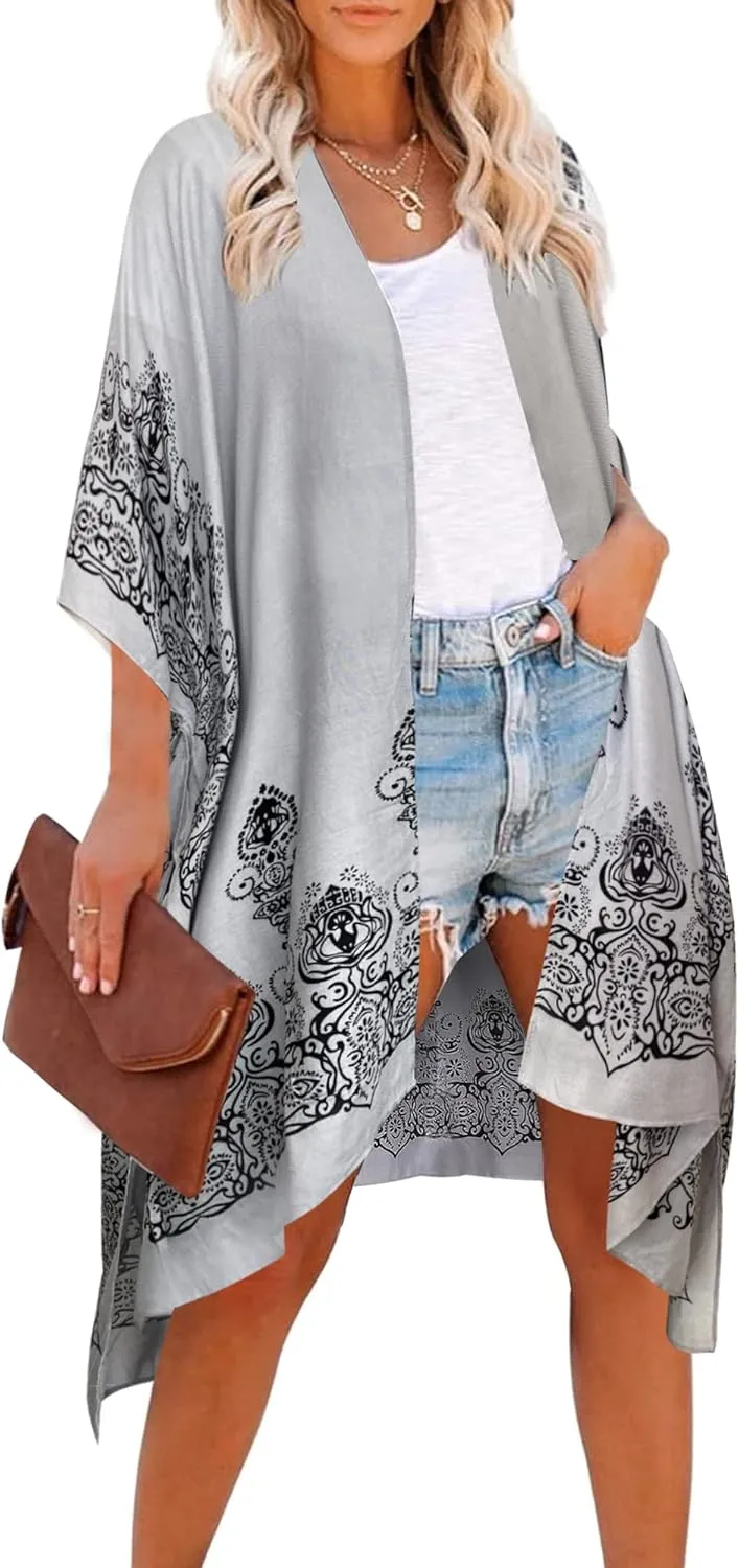 Moss Rose Women's Beach Cover up Swimsuit Kimono with Bohemian Floral Print, Loose Casual Resort Wear