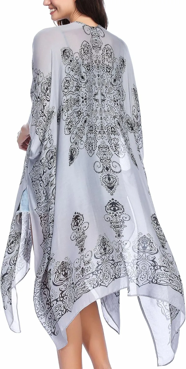 Moss Rose Women's Beach Cover up Swimsuit Kimono with Bohemian Floral Print, Loose Casual Resort Wear