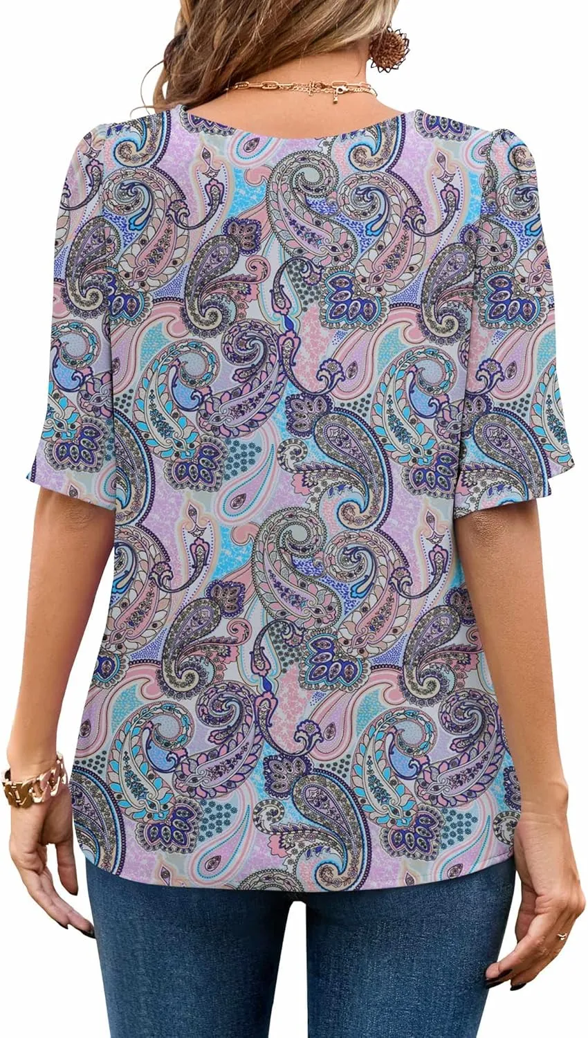 Neineiwu Women's Summer V Neck Floral Print Blouse Short Sleeve Loose Top Shirts