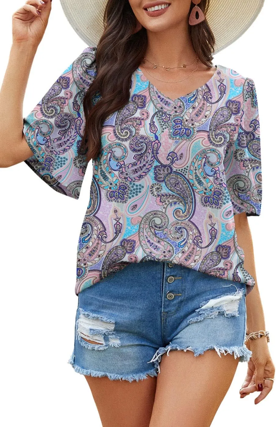 Neineiwu Women's Summer V Neck Floral Print Blouse Short Sleeve Loose Top Shirts