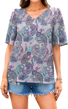 Neineiwu Women's Summer V Neck Floral Print Blouse Short Sleeve Loose Top Shirts