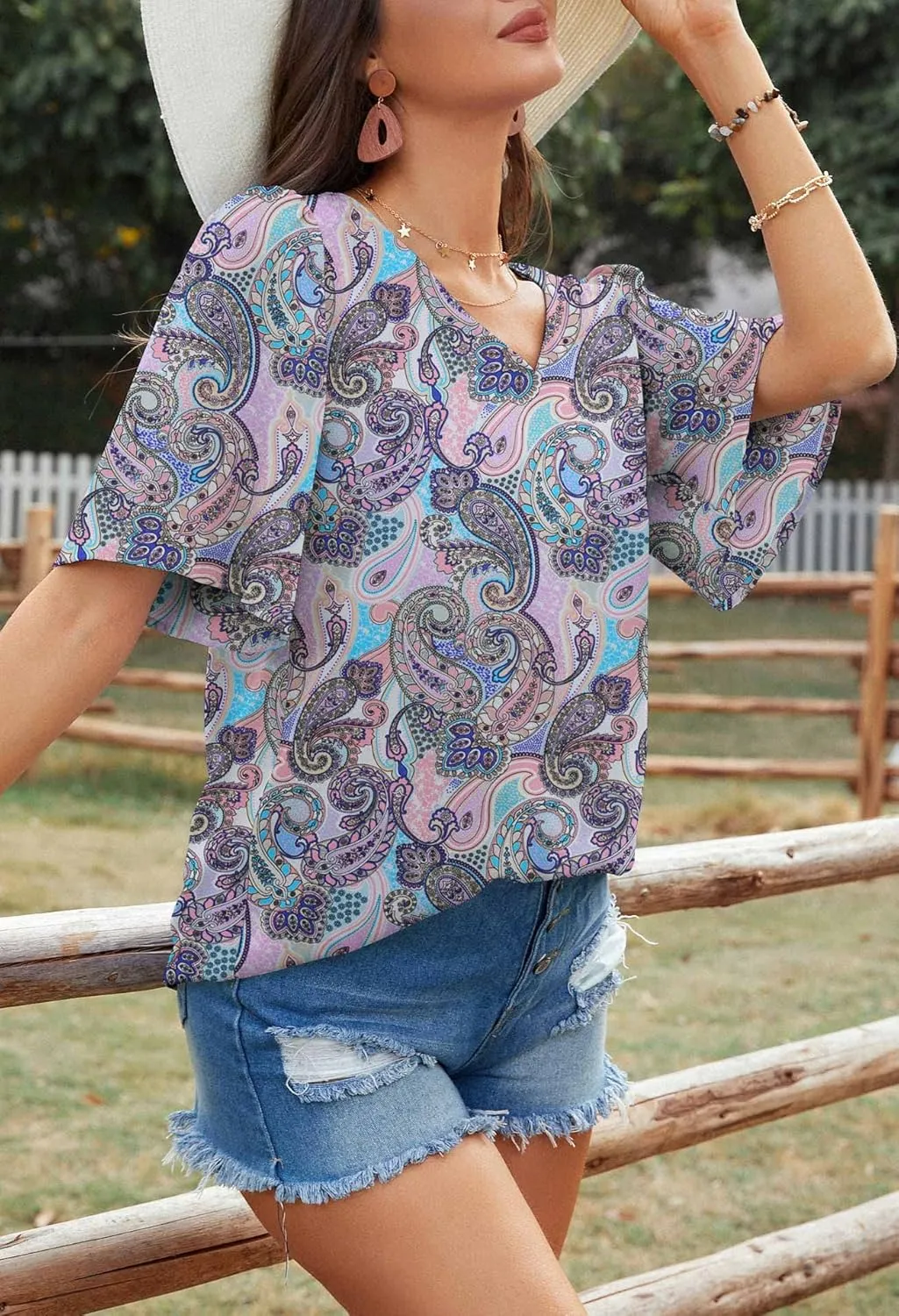 Neineiwu Women's Summer V Neck Floral Print Blouse Short Sleeve Loose Top Shirts