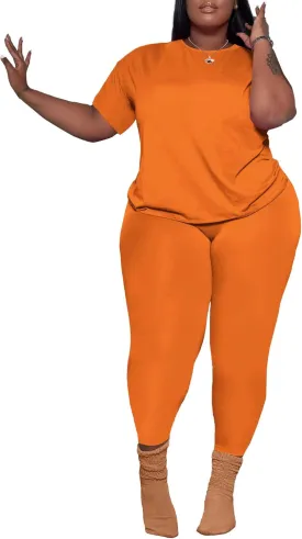PINSV Women's Plus Size 2 Piece Outfits Tracksuits Short Sleeve Top Pants Sets Sweatsuits