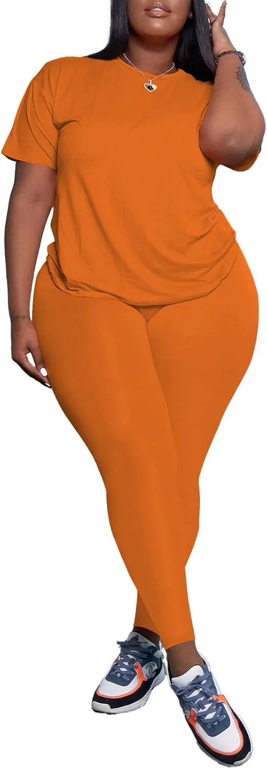 PINSV Women's Plus Size 2 Piece Outfits Tracksuits Short Sleeve Top Pants Sets Sweatsuits