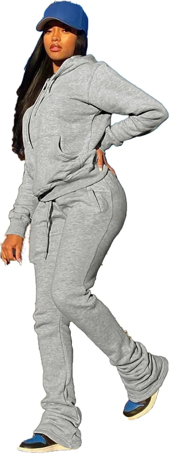 PINSV Women's Sweatsuits Sets 2 Piece Outfits Drawstring Hoodies Stacked Jogger Sweatpants Tracksuits Casual Set