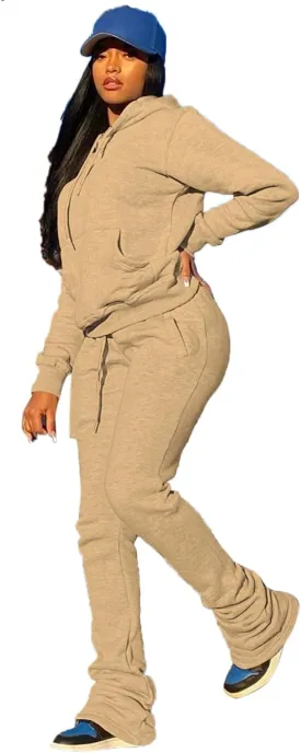 PINSV Women's Sweatsuits Sets 2 Piece Outfits Drawstring Hoodies Stacked Jogger Sweatpants Tracksuits Casual Set
